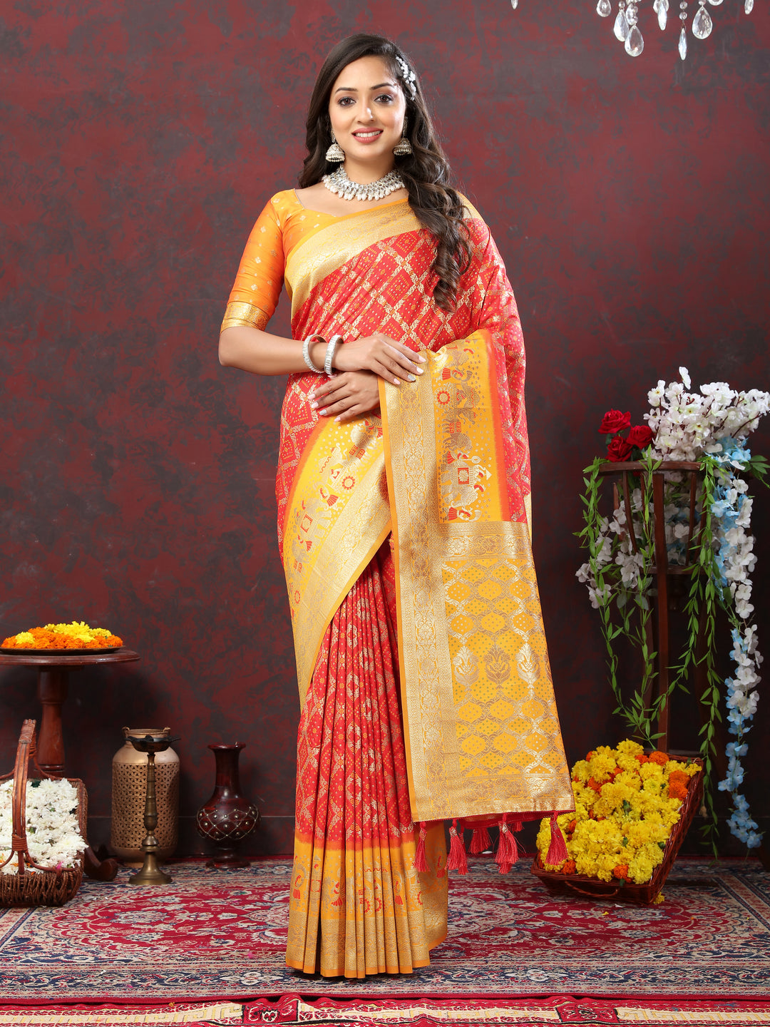 Elegant olive Patola silk saree with Meenakari weaving and a zari border, perfect for cultural and festive events.