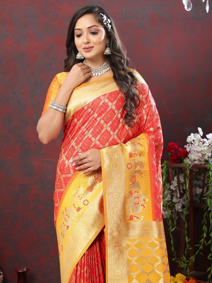 Olive Patola silk saree featuring rich Meenakari weaving and zari detailing, ideal for traditional occasions.