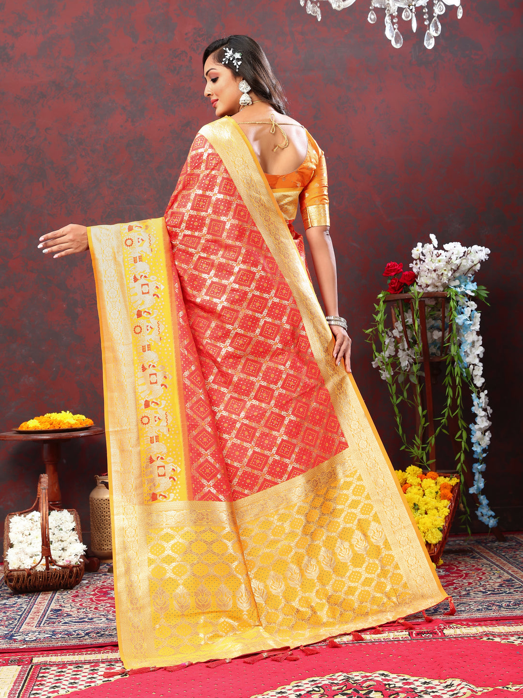 Stunning olive silk saree with Meenakari weaving and a zari border, perfect for cultural and festive gatherings.