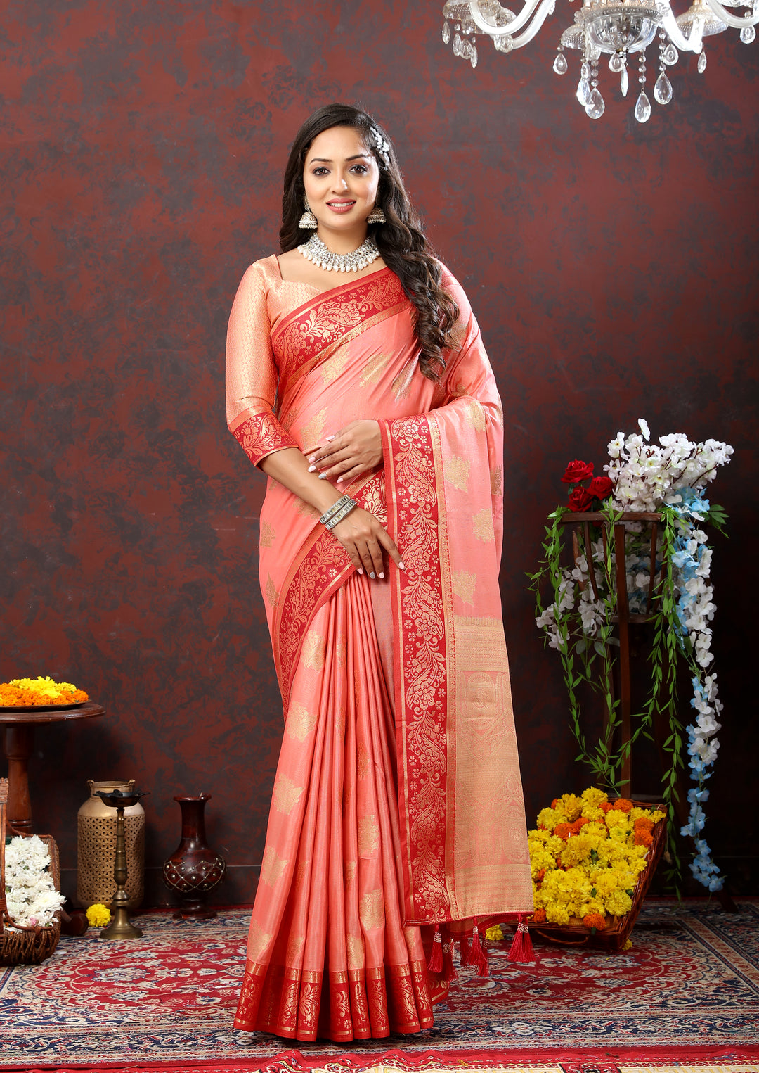 Elegant peach cotton saree with zari pallu and silk blouse piece, perfect for festivals.