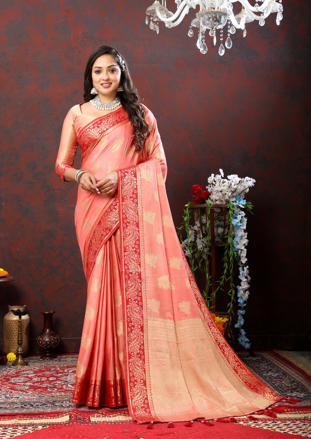 Peach cotton saree with luxurious zari pallu, ideal for Indian celebrations and ceremonies.