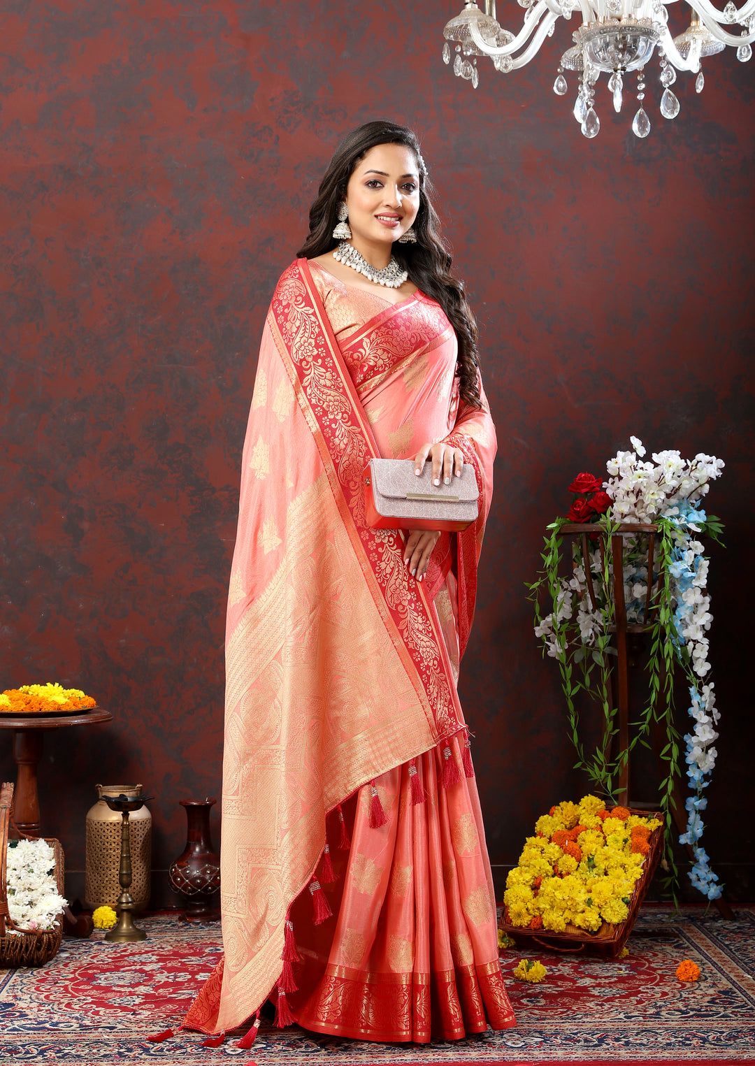 Designer peach cotton saree featuring rich zari pallu, ideal for weddings and formal gatherings.