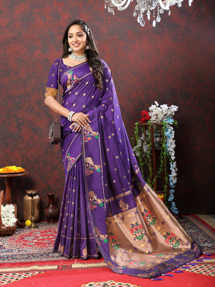 Designer royal blue Paithani silk saree with intricate copper zari motifs and Meenakari border, perfect for weddings.