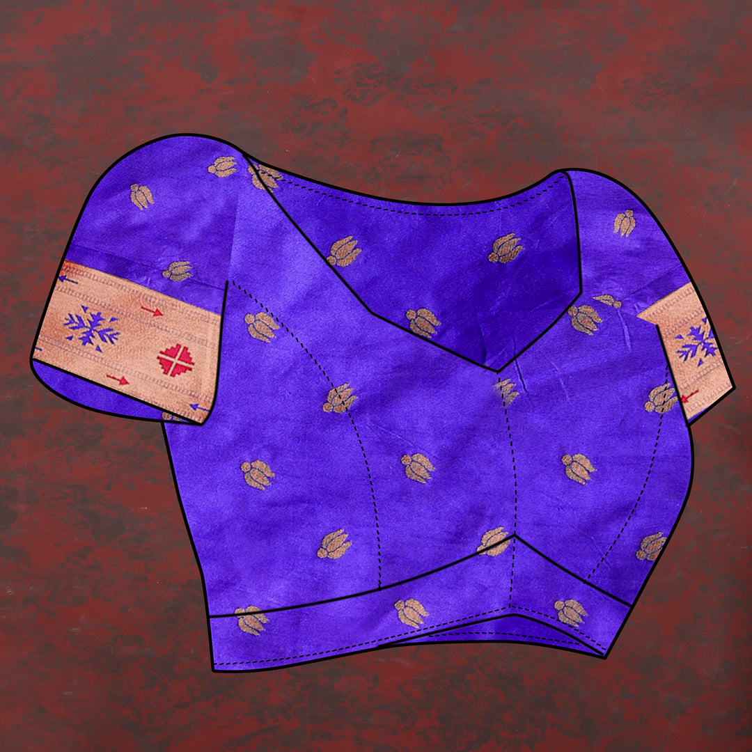 Elegant blue Paithani silk saree with beautiful copper zari motifs and Meenakari border, perfect for weddings.