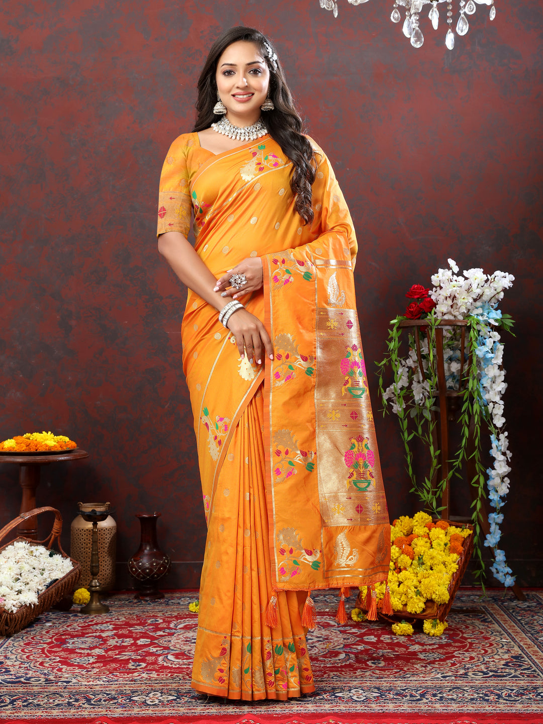 Bright pink Paithani silk saree with gold zari work and Meenakari border, ideal for weddings.