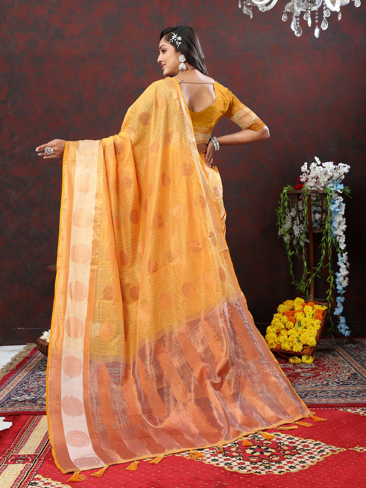 Yellow cotton saree with exquisite zari work, perfect for cultural events and special occasions.