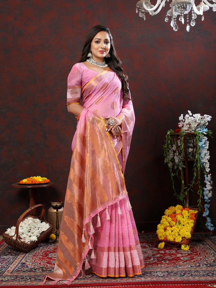 Orange cotton saree with detailed zari woven work, perfect for weddings and formal events.