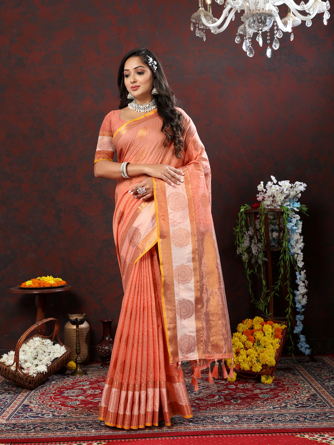 Stylish orange cotton saree with stunning zari woven patterns, perfect for bridal celebrations.