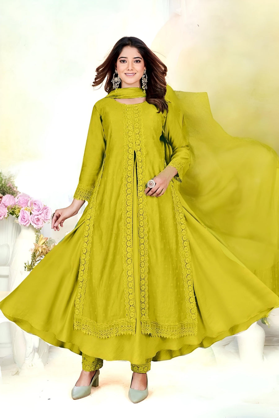 Yellow georgette gown dress featuring an elegant pleated design and front slit.