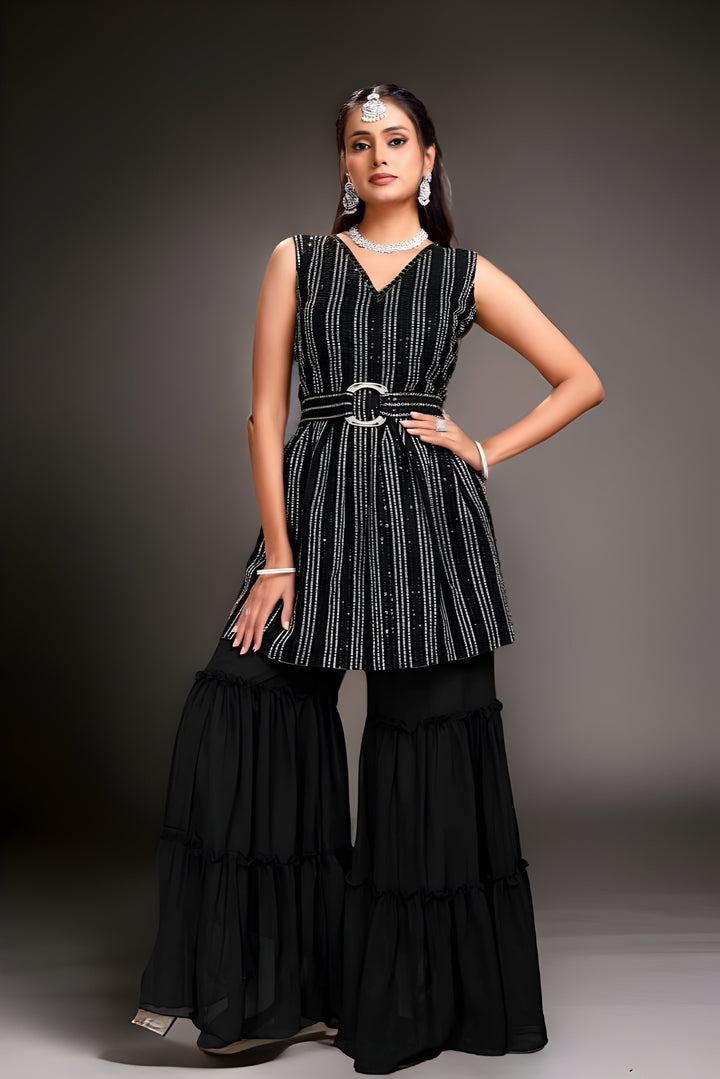 Black georgette kurti set with vibrant garara sharara design, perfect for chic events and gatherings.