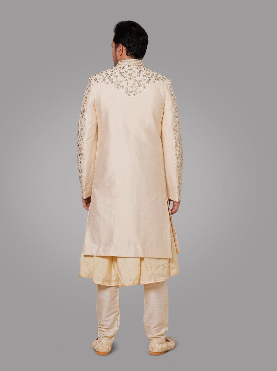 Shop this elegant fawn silk sherwani to stand out at weddings in the USA with style and grace.