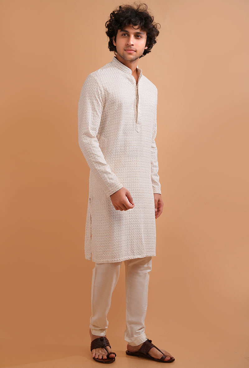 Classic cream kurta pajama, featuring fine embroidery, a USA men’s traditional favorite.