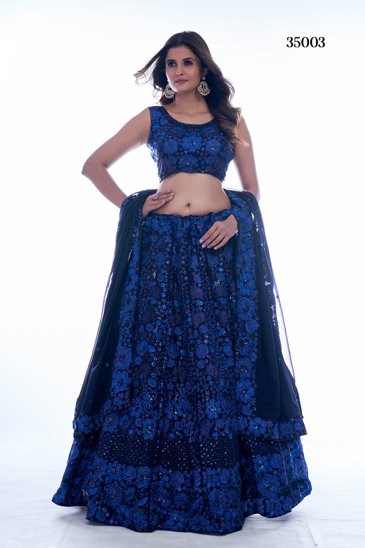 Elegant Navy Blue Georgette Lehenga Set | Intricate Thread Work & Sequins