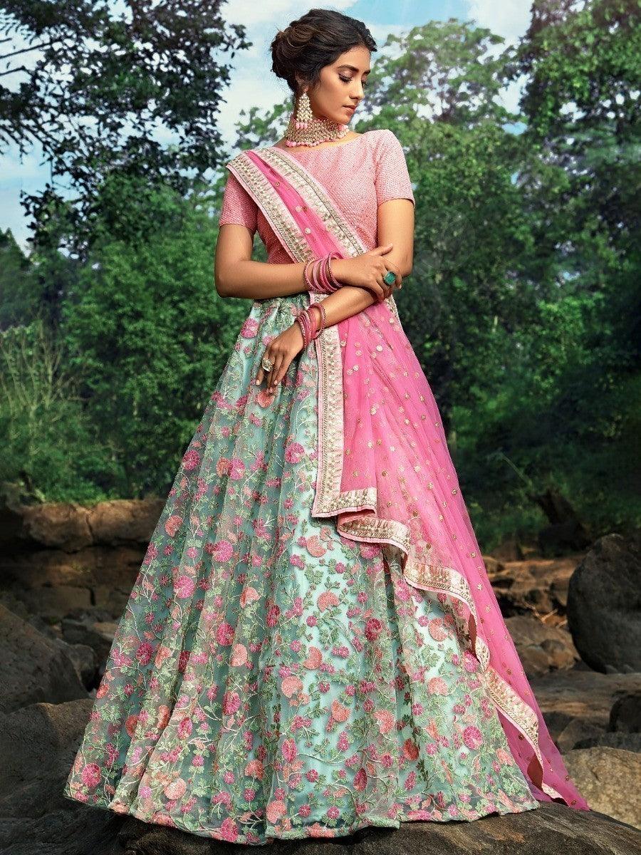 Graceful Green Thread Embroidered Lehenga Choli | Pink Choli & Dupatta Set