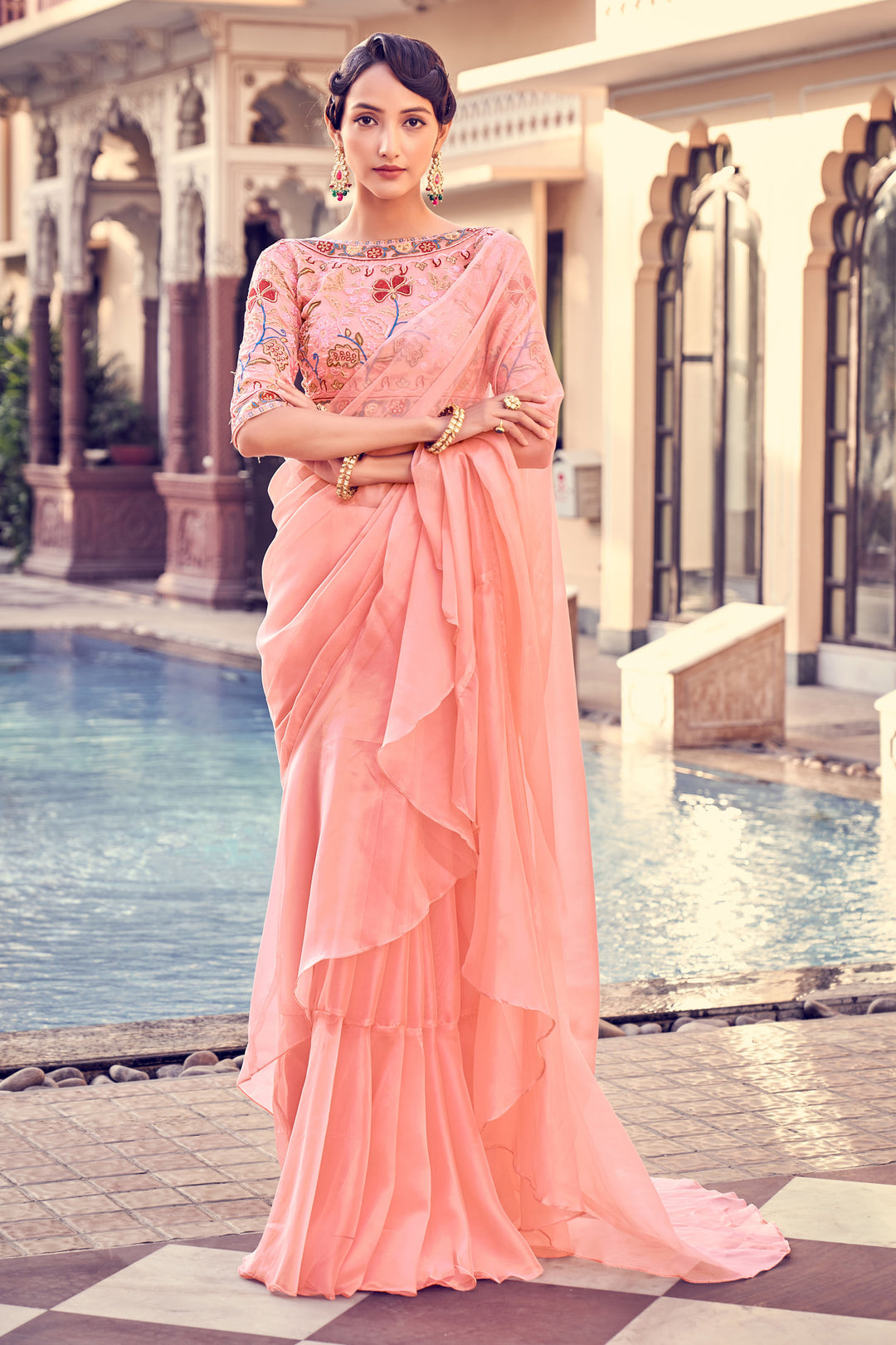 Elegant Ruffled Organza Saree | Indian Wedding Saree in Peach