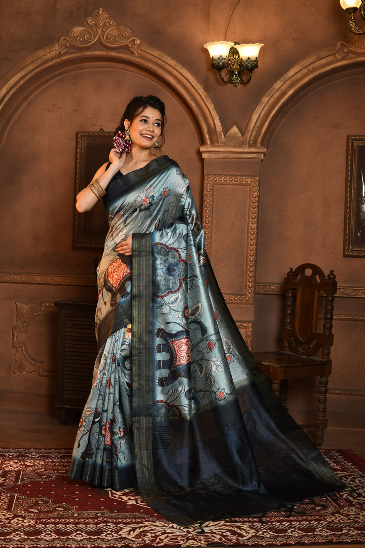 Ghicha Tussar silk saree with Kalamkari print, soft zari pallu, and contrast blouse