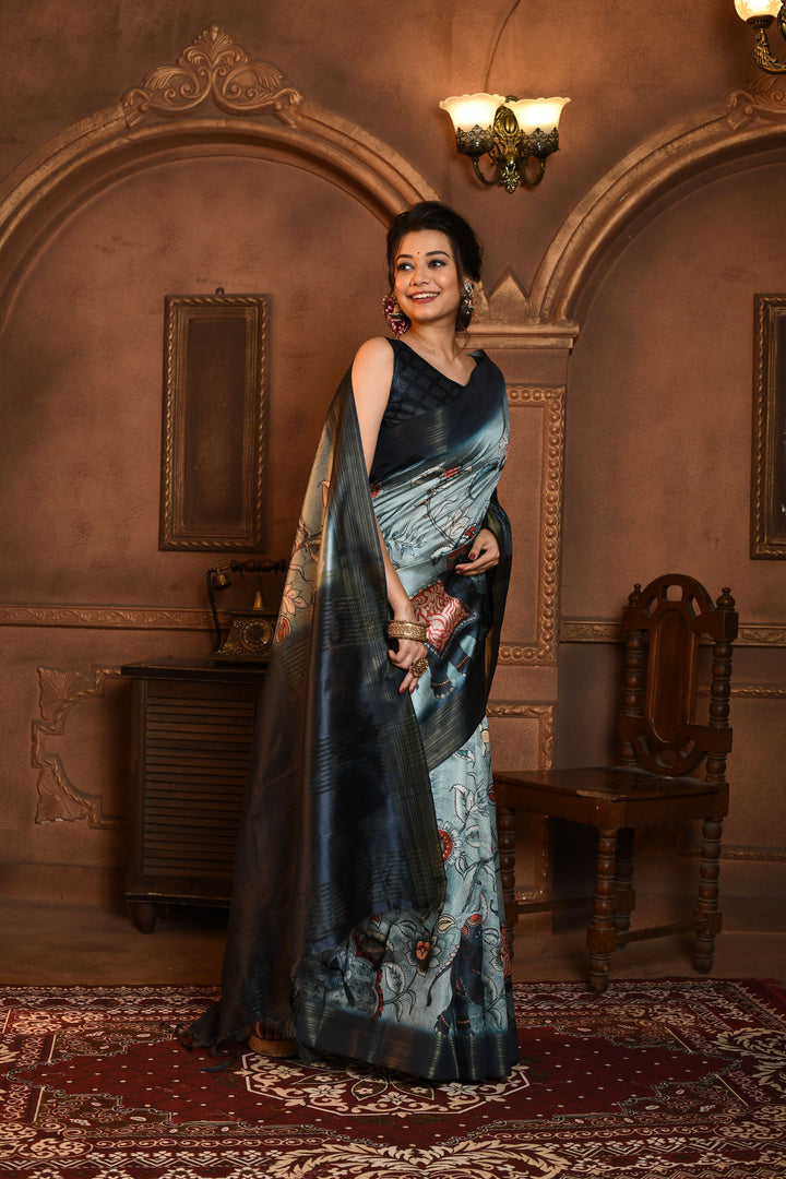 Premium Tussar silk saree with Kalamkari print and tassels for weddings