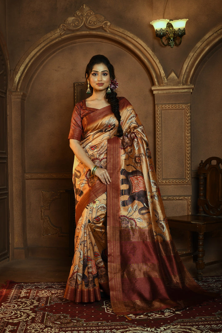 Ghicha Tussar silk saree with exquisite Kalamkari print for festive occasions