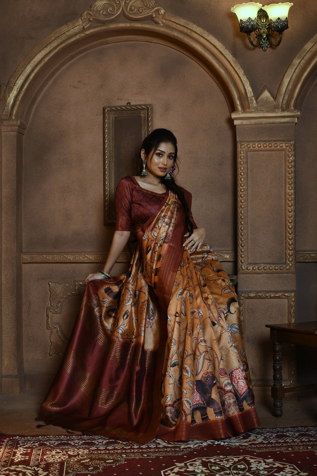 Premium Ghicha Tussar saree with Kalamkari print, zari pallu, and contrast blouse piece