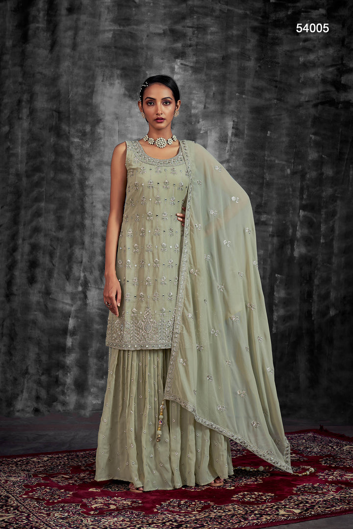 Georgette Readymade Sharara Suit | Embroidered Partywear Kurta Set