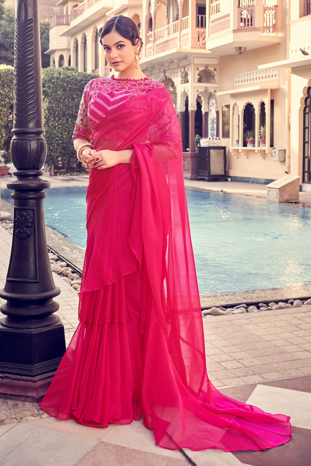 Bright Pink Ruffled Saree | Elegant Organza Design with Zari Work