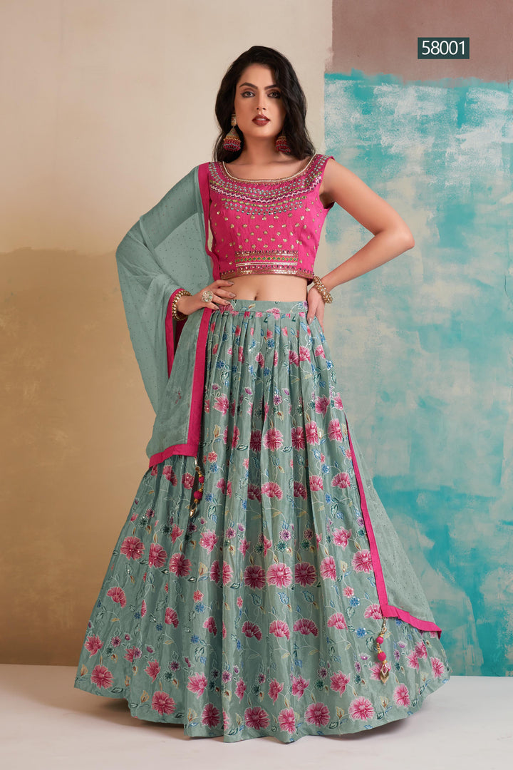 Wedding Chinon Lehenga | Tassels and Patch Border Party Outfit