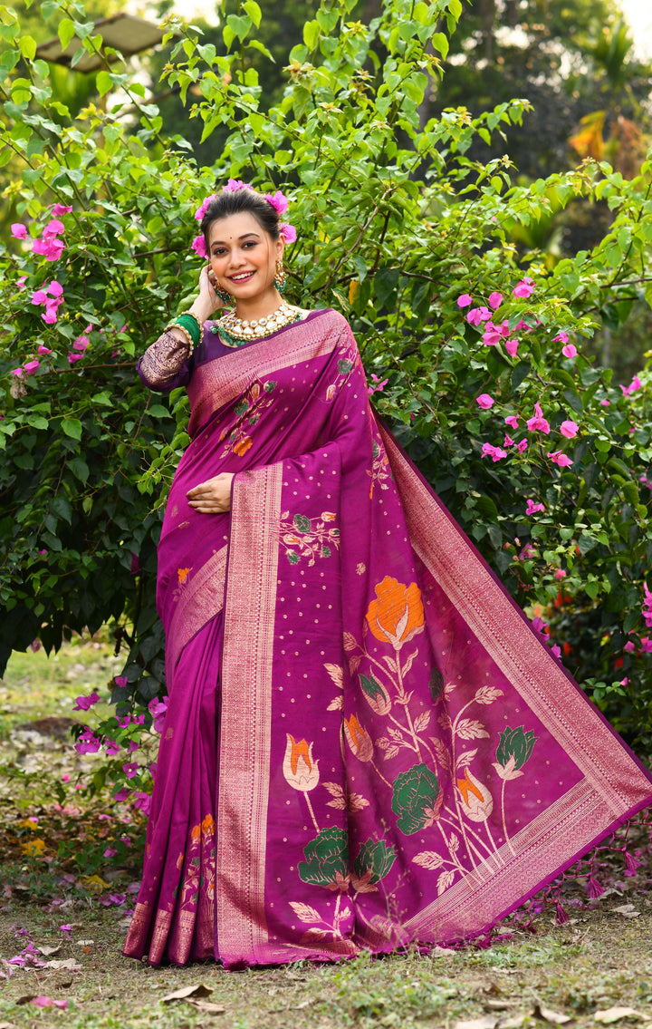 Elegant magenta Desi tussar silk saree with intricate zari weaving, perfect for festive occasions.