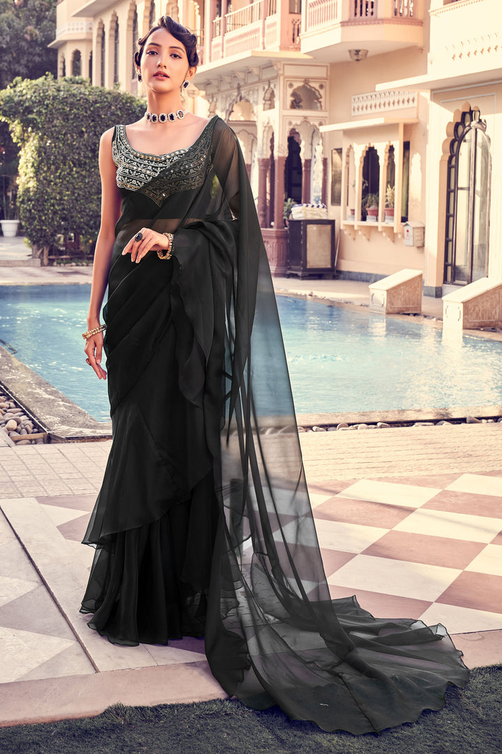 Black Georgette Sequins Party Saree | Trendy Ruffled Sari