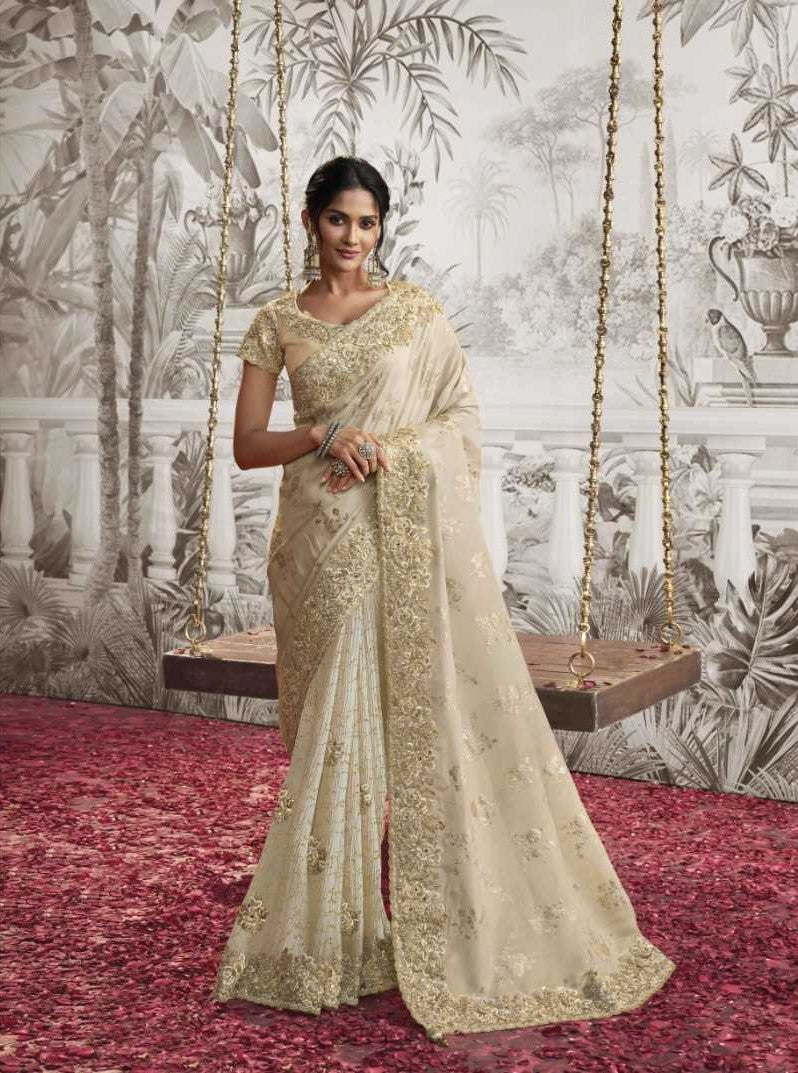 Gorgeous White Crush Georgette Saree | Zari Embroidery & Latkan Detail