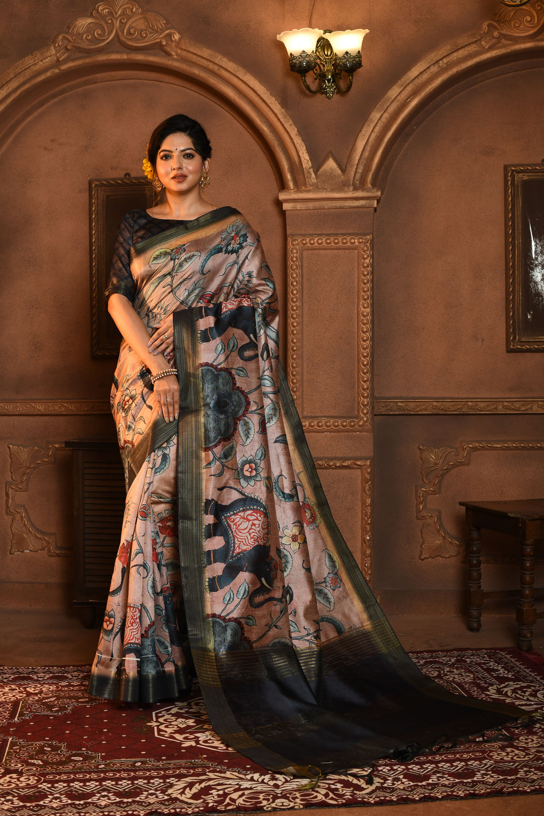 Premium Ghicha Tussar silk saree with all-over Kalamkari print and zari pallu