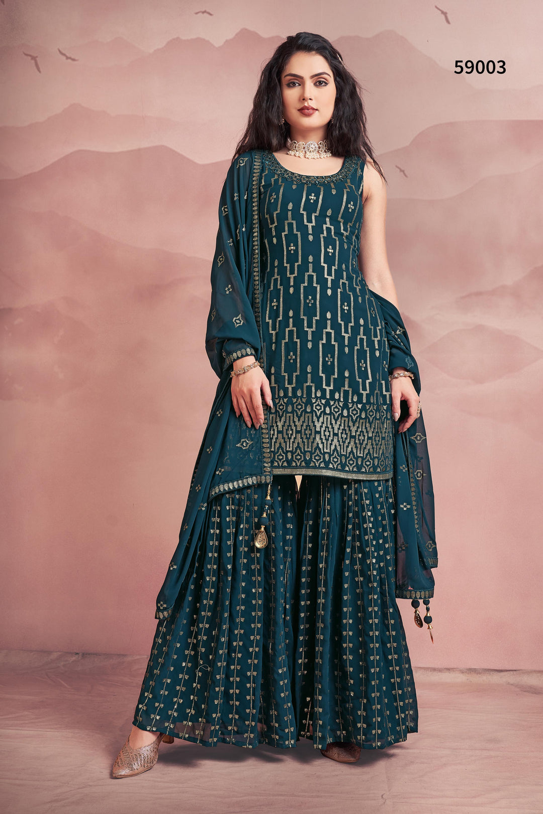 Rama Blue Kurti Set | Georgette Sharara with Sequins Work