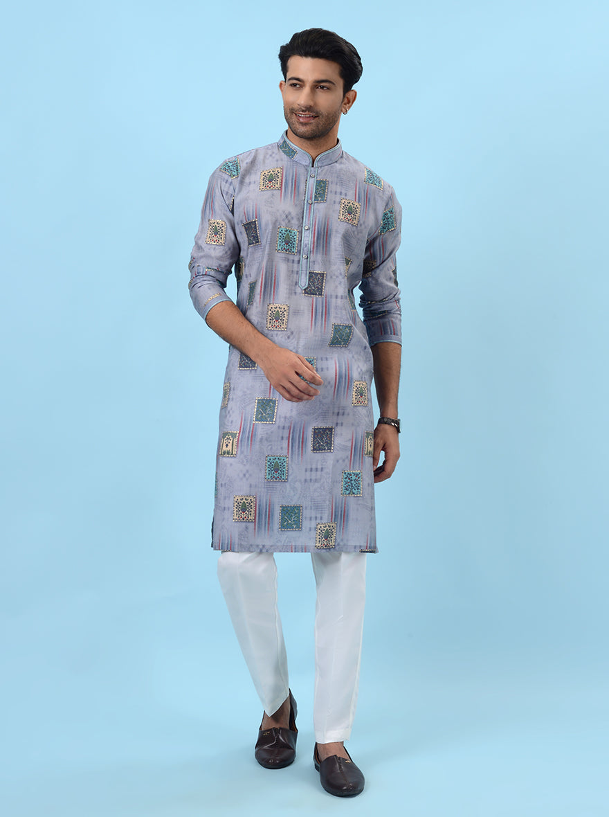 Elegant grey silk blend kurta pajama set for men, ideal for weddings and festive events, with refined embroidery.