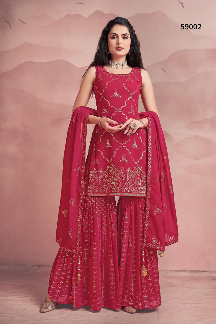 Pink Georgette Kurti Set | Sequins Work Sharara Dupatta Set