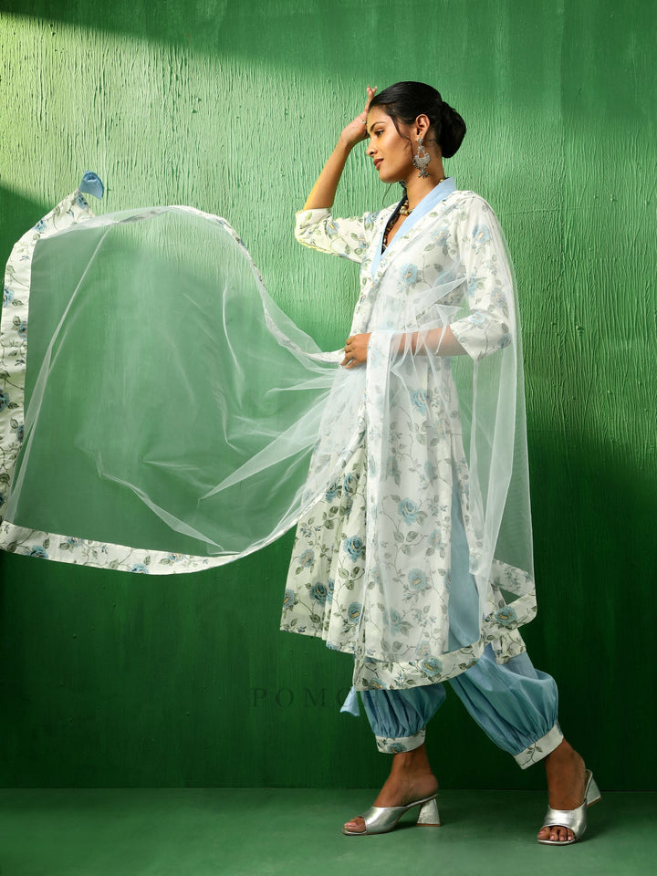 Adaa Blue Rose Cotton Suit Set | Signature Design with Soft Net Dupatta