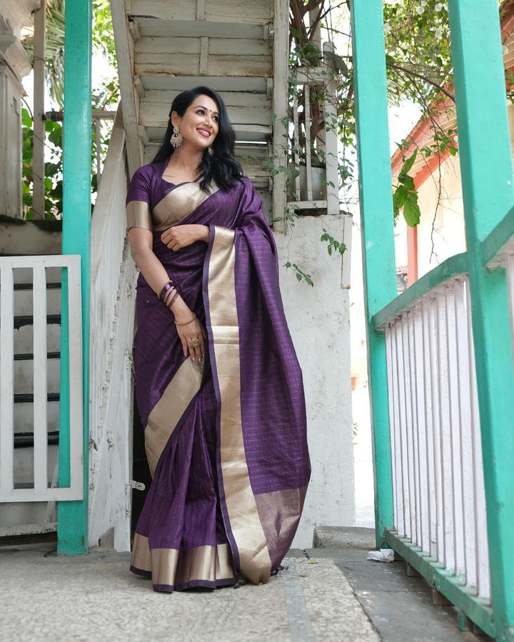 Luxurious lavender Banarasi saree with intricate zari border, perfect for festive occasions and Indian weddings.