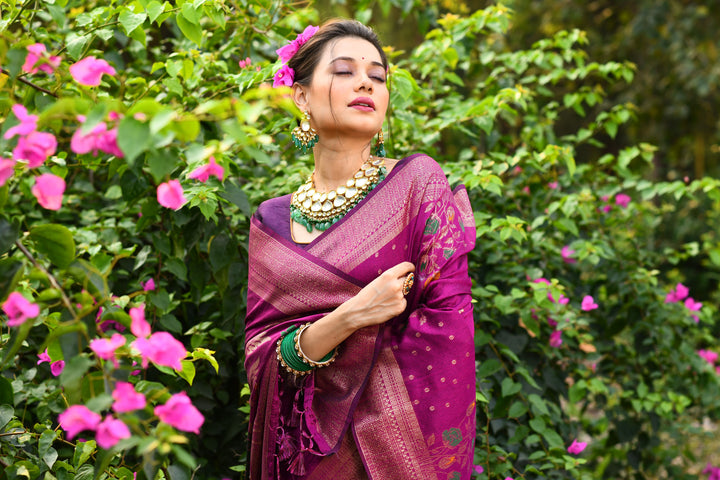 Timeless magenta Desi tussar silk saree with luxurious zari detailing, perfect for Indian ceremonies.