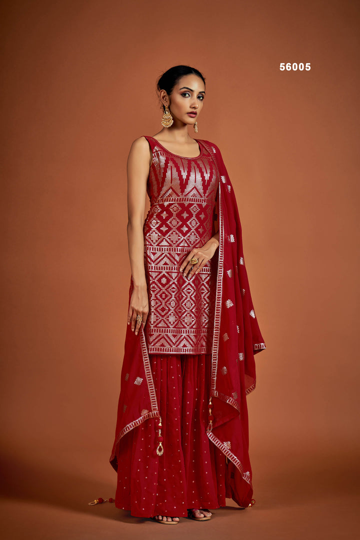 Red Georgette Salwar Suit | Glamorous Sequins Ethnic Outfit