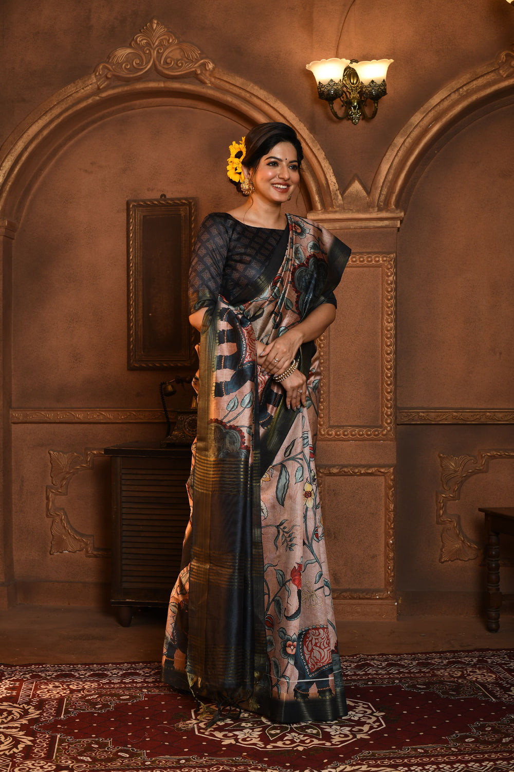 Elegant Ghicha Tussar silk saree with Kalamkari print and contrast blouse piece