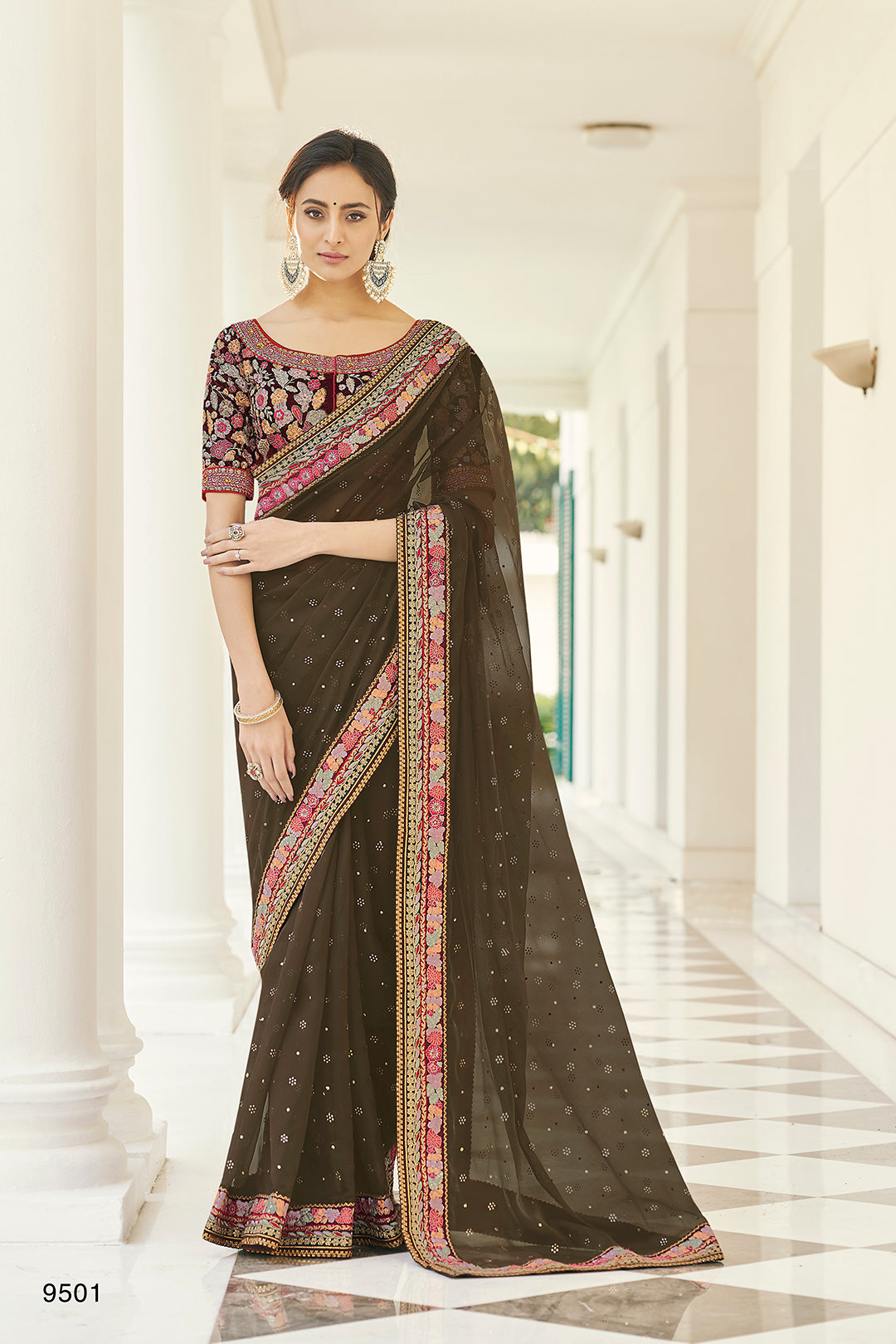 Olive Brown Organza Embroidered Saree | Stunning Heavy Work Design With Blouse