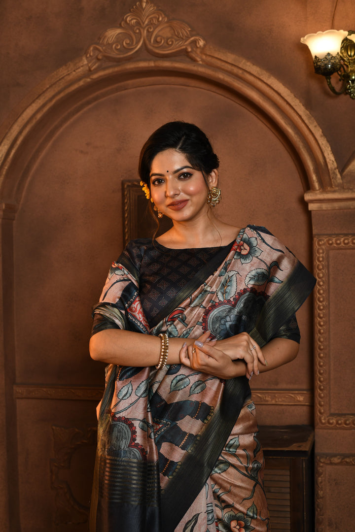 Ghicha Tussar saree featuring exquisite Kalamkari print and soft zari pallu