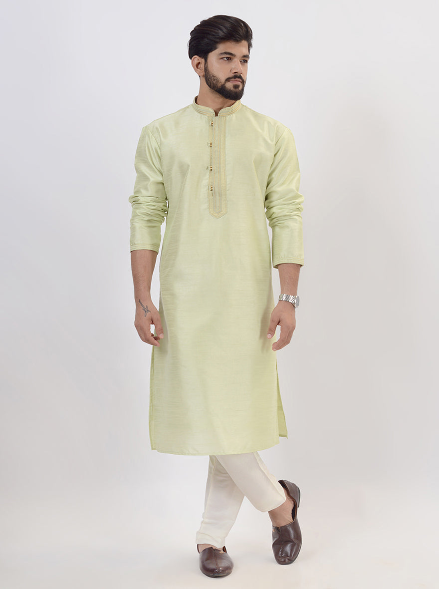 Men's pista green silk blend kurta pajama, ideal for USA traditional occasions