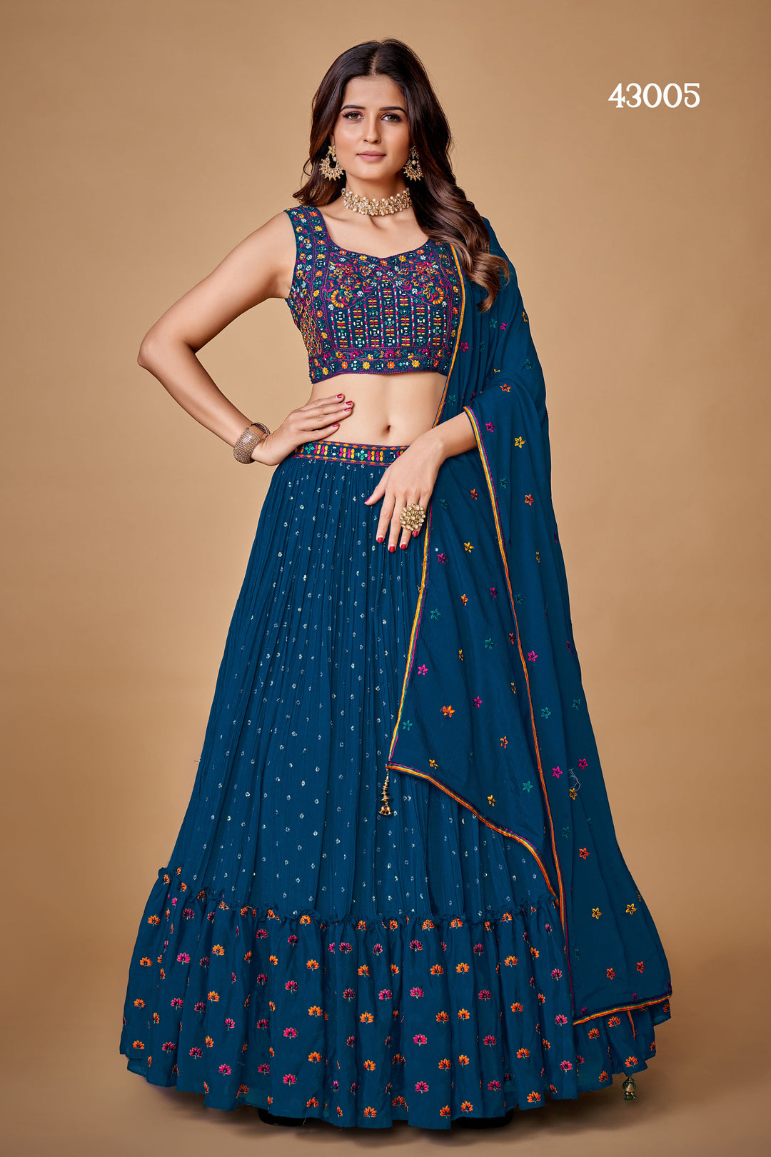 Navy Blue Chiffon Silk Lehenga Choli Set | Bridal Lehenga for Wedding