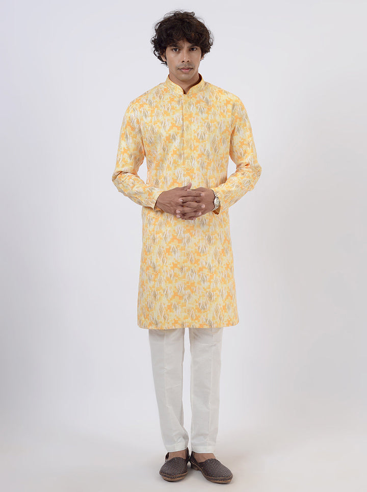 Men's yellow silk blend kurta pajama set, perfect for traditional celebrations in the USA