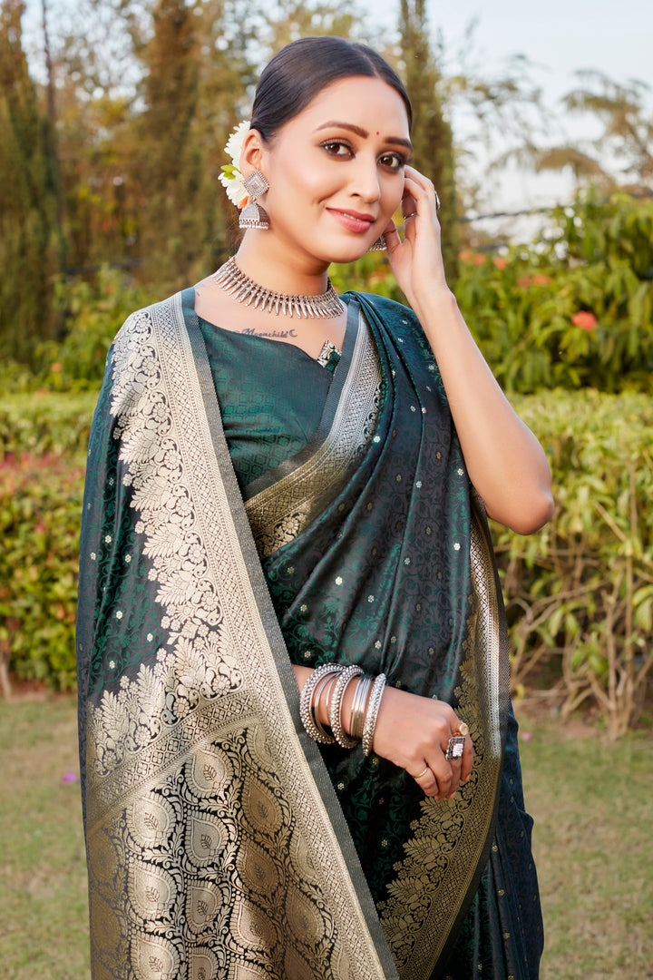 Premium Dark-Green Kanjivaram Satin Silk Saree featuring delicate Butta work and exquisite designer border.