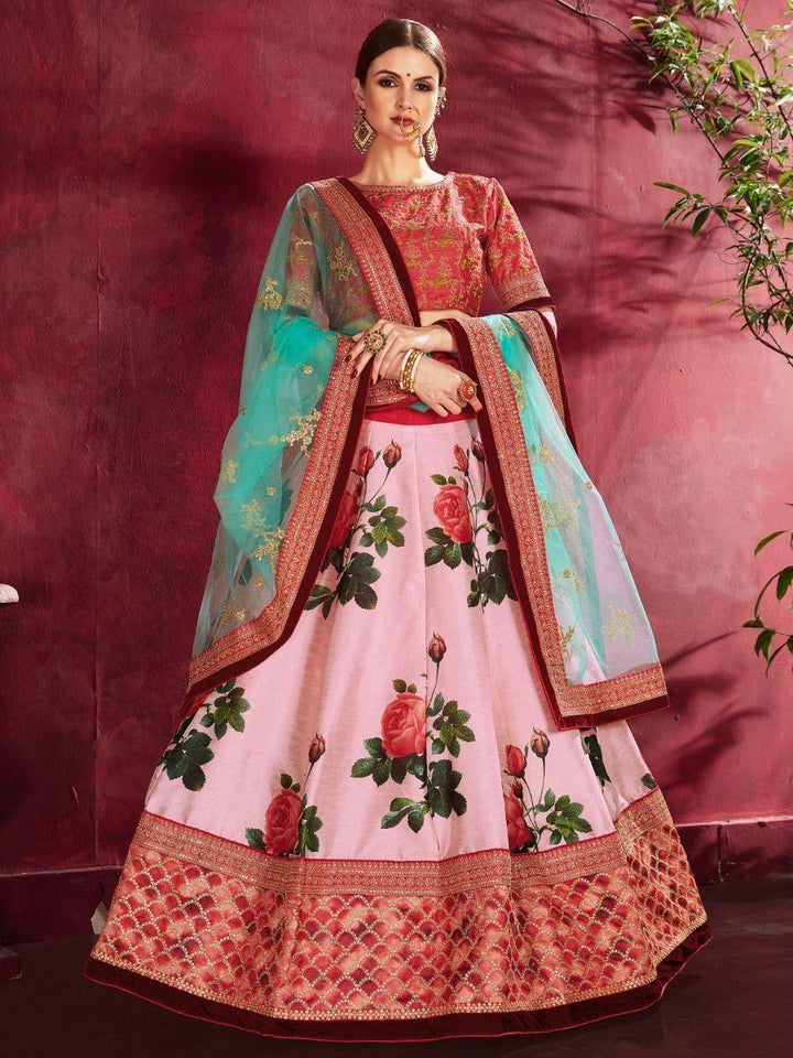 Rose-pink lehenga choli with floral print and sequins embroidery