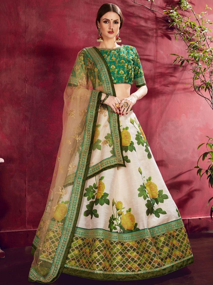 Cream-green lehenga choli with floral print and sequins embroidery