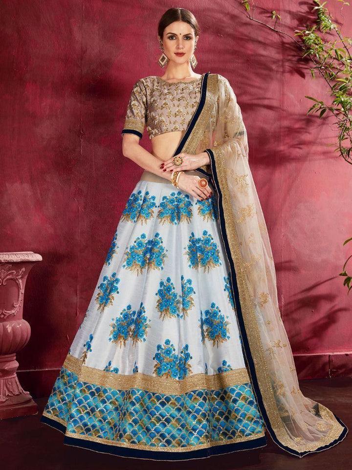 Blue lehenga choli with floral print and sequins embroidery