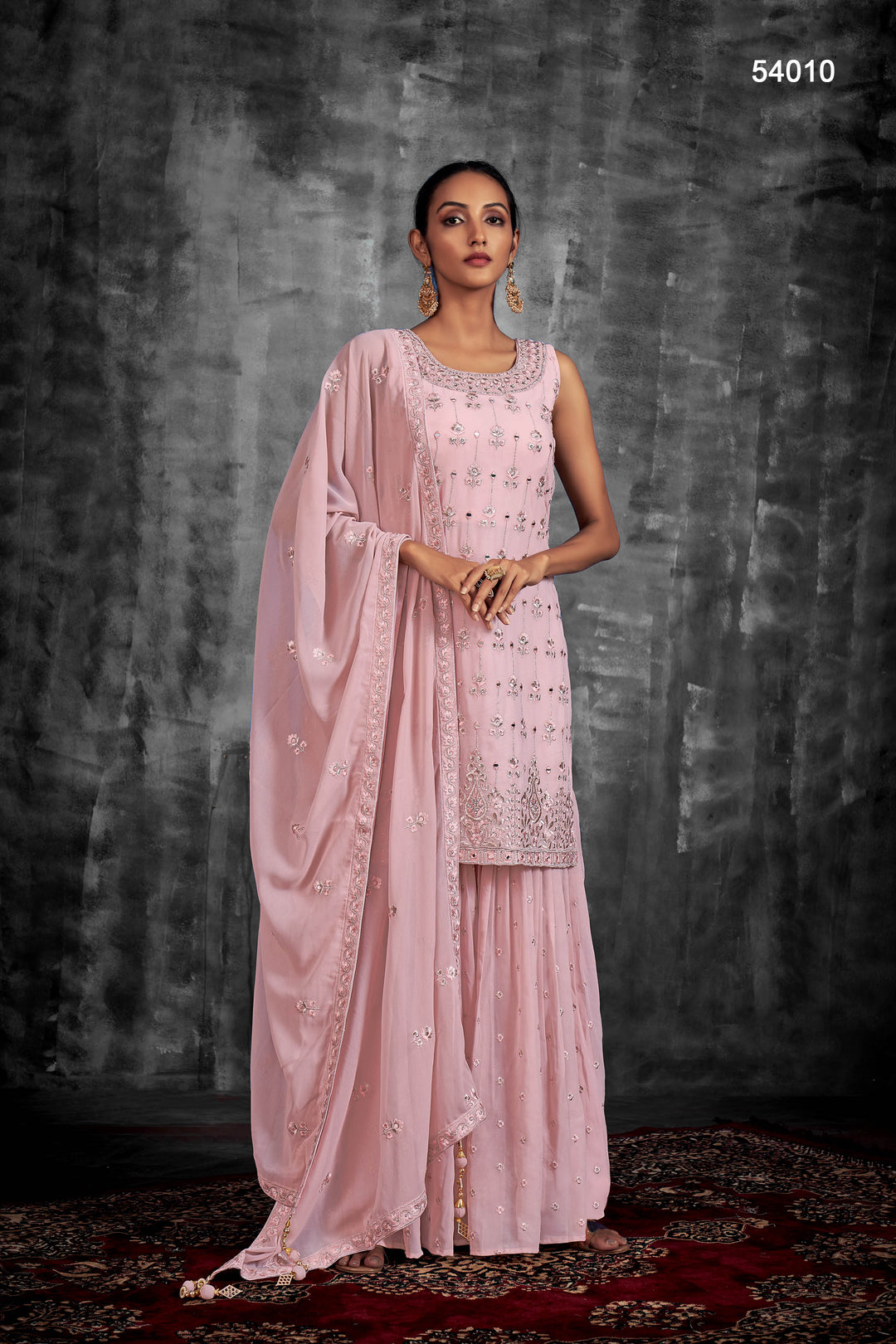 Georgette Readymade Sharara Suit | Embroidered Partywear Kurta Set