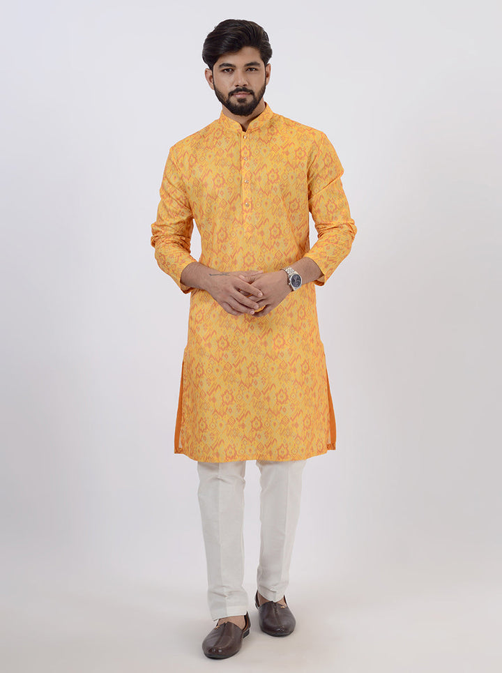 Premium mustard yellow kurta pajama for men, crafted from silk blend fabric.