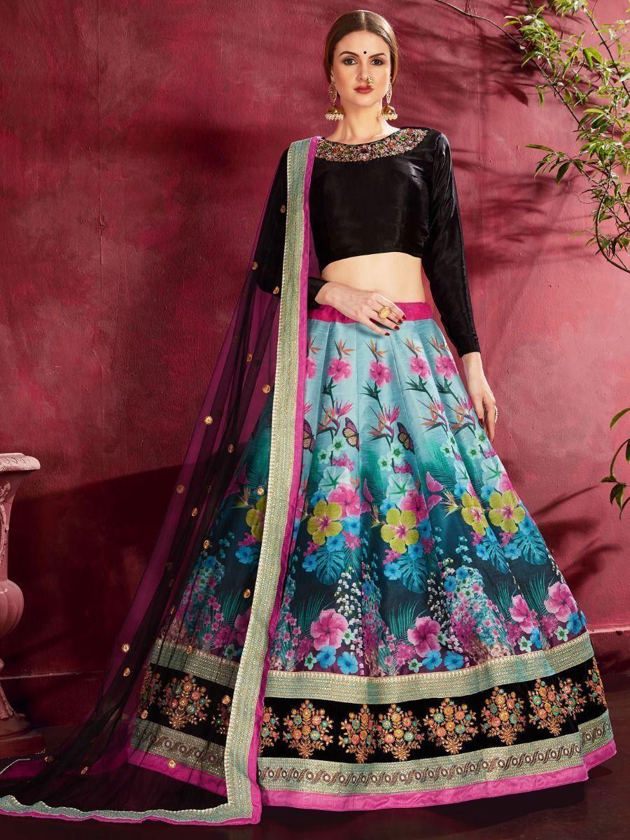 Multi-color lehenga choli with floral print and sequins embroidery